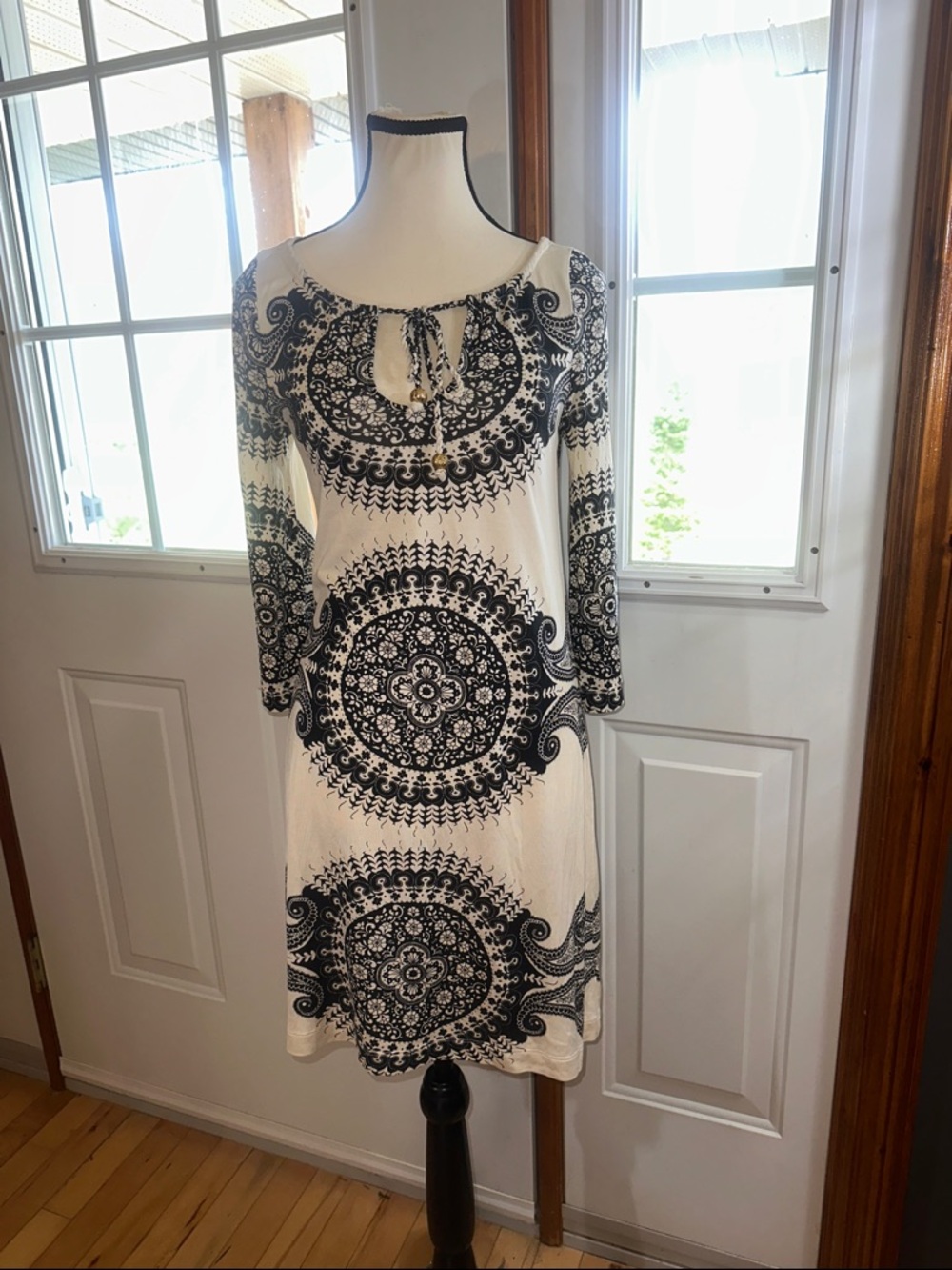 Juicy Couture Ivory and Black Medallion-Print Midi Dress